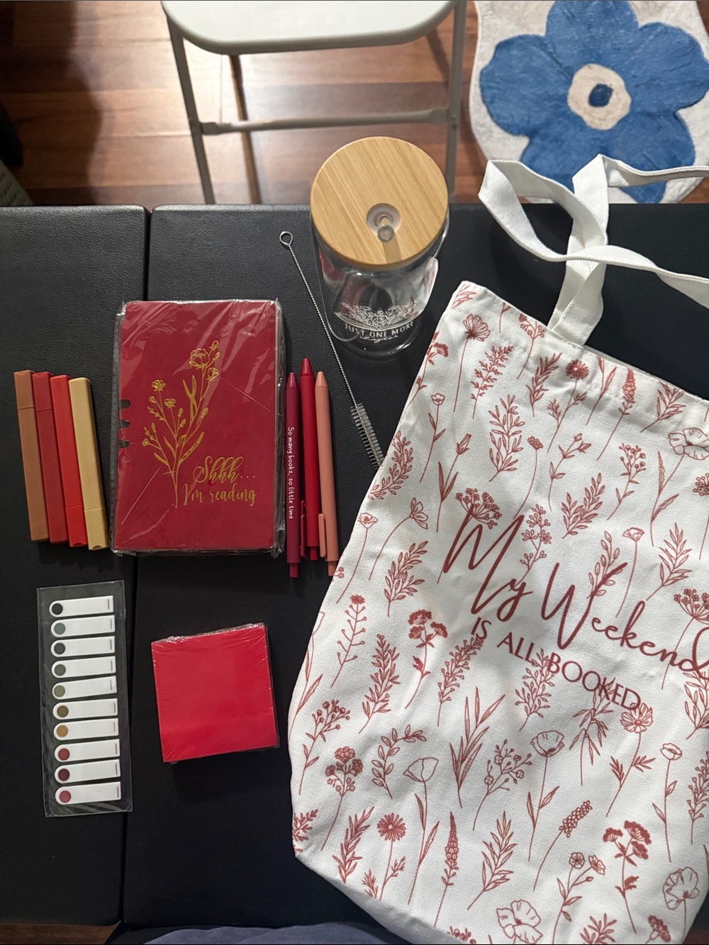 White Tote Bag with Rust Floral Print - 'My Weekend is All Booked' Gift set